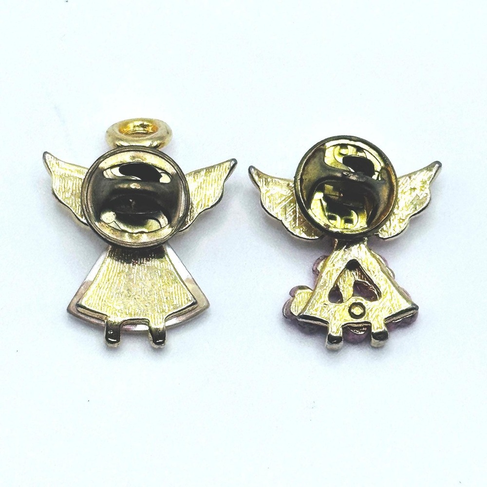 Vintage Angel Lapel Pins Gold Tone MOP Blue Rhinestone Pink Floral Tac Pin Set - Picture 7 of 7